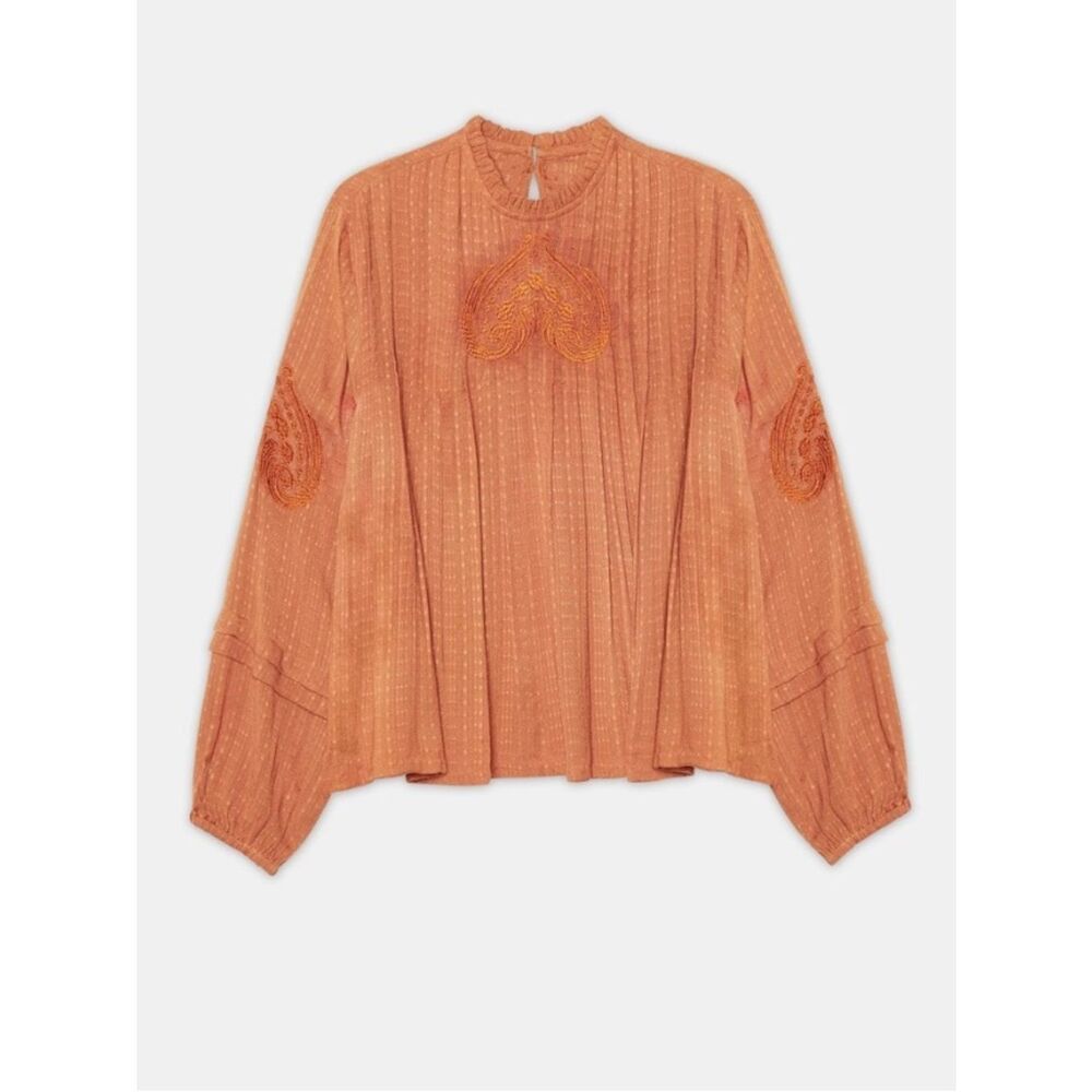 Nekane CS Krisha Rust Orange Ribbed Balloon-Sleeve Blouse